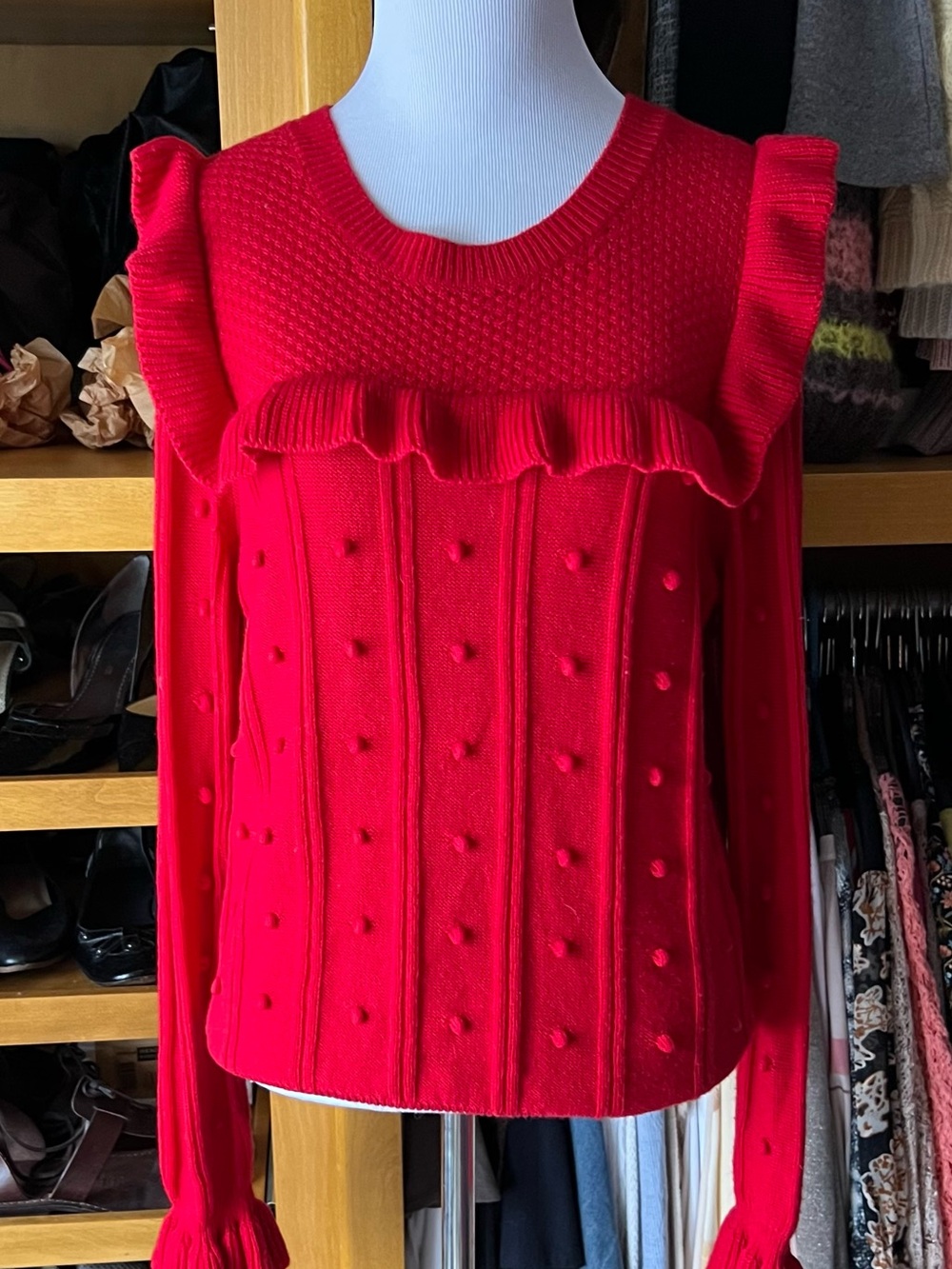 KATE SPADE NY Wool Blend Red Ruffle Popcorn-Knit Crew Sweater - Picture 2 of 7